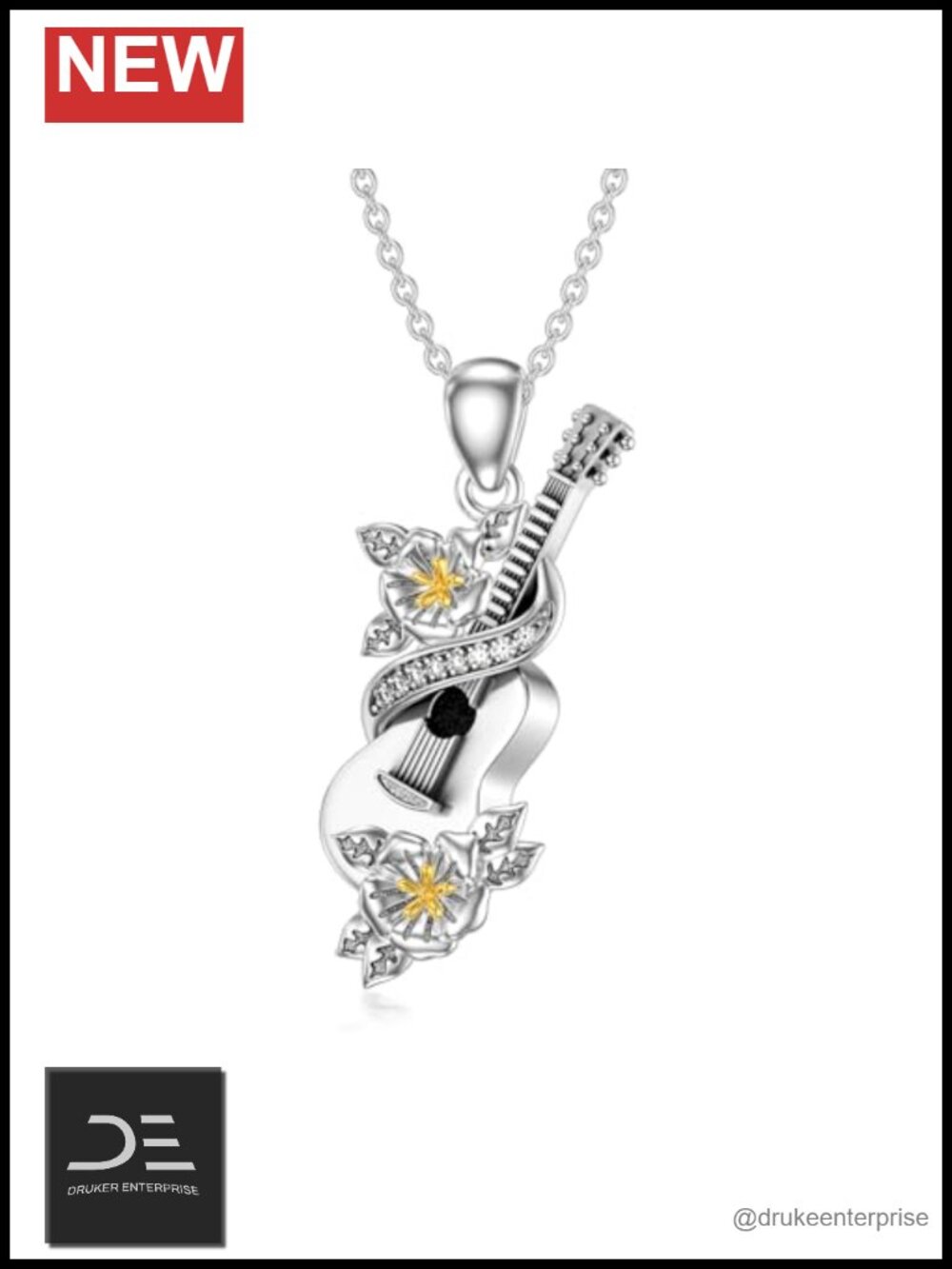 Sterling Silver Guitar Necklace with Lab Grown Diamonds Music Pendant Jewelry
